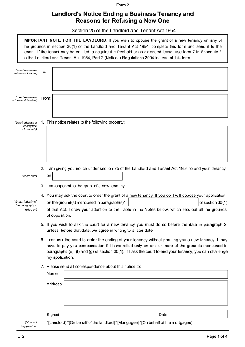 LT2 Landlord s notice ending a business tenancy and reasons for refusing a new one Landlord and Tenant Act 1954 section 25 Form 2 preview