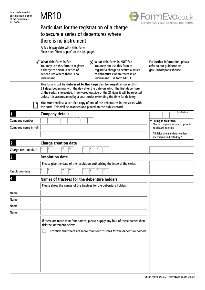 MR10 Particulars for the registration of a charge to secure a series of debentures where there is no instrument Section 859B 859J preview