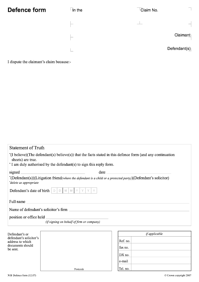 N11 Defence form preview