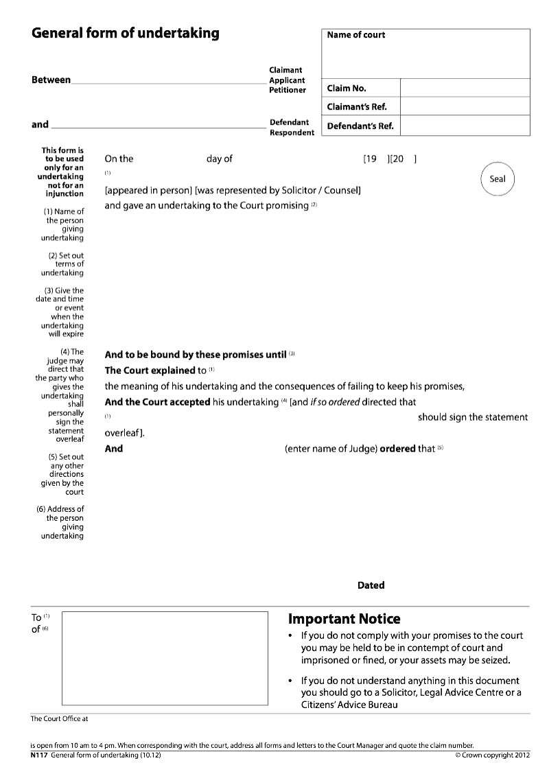 N117 General form of undertaking preview