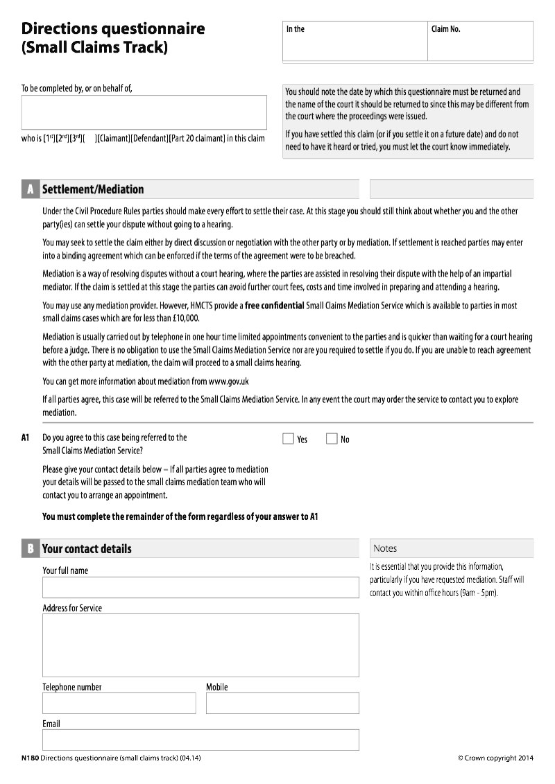 N180 Directions questionnaire (Small Claims Track)