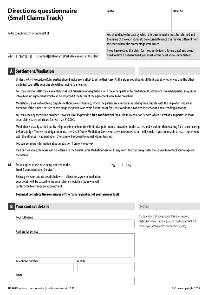 N180 Pre May 24 Directions questionnaire Small Claims Track For claims before May 2024 electronic signature available preview