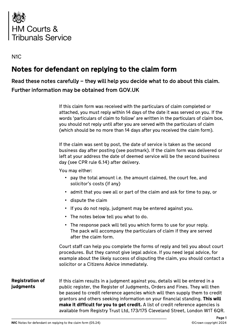 N1C Notes for defendant on replying to the claim form preview