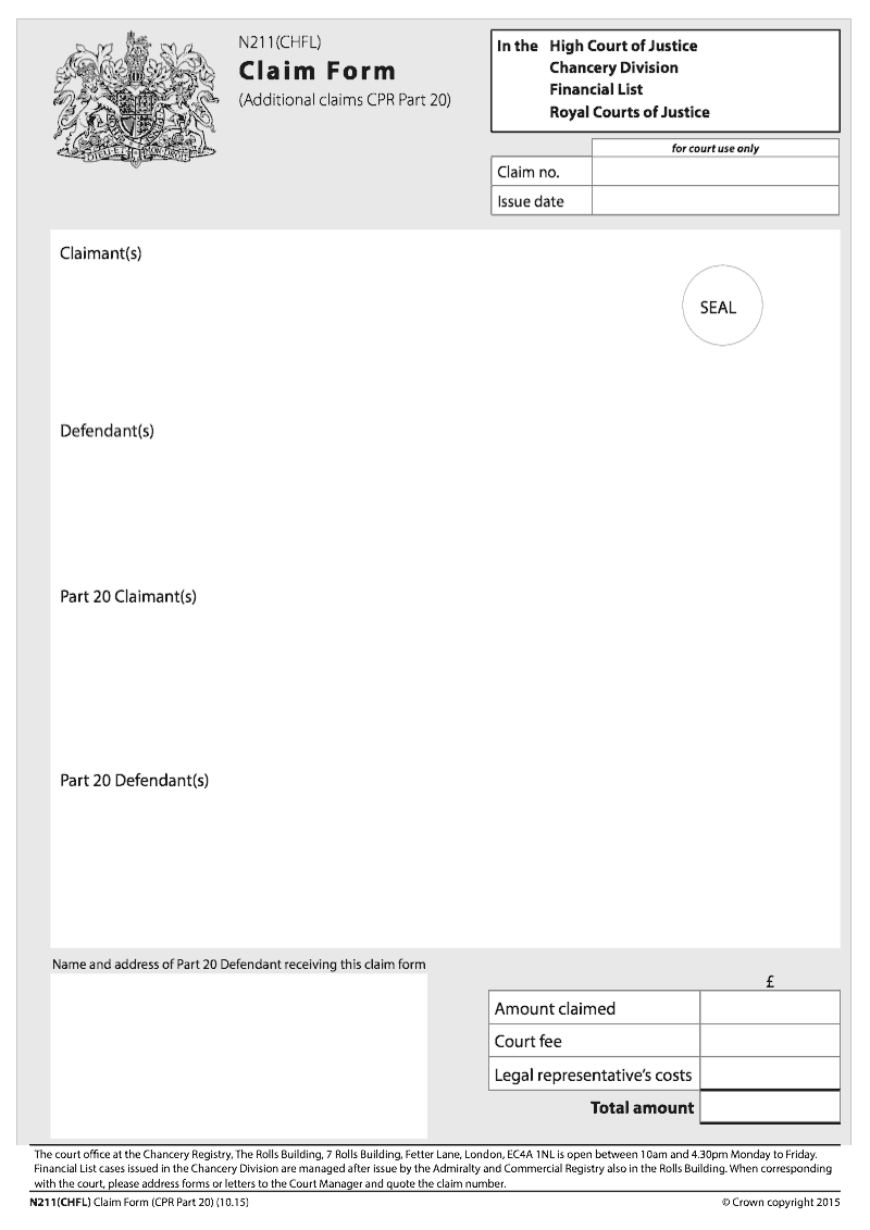 N211 CHFL Claim Form for the Financial List Additional claims CPR Part 20 Chancery Division preview