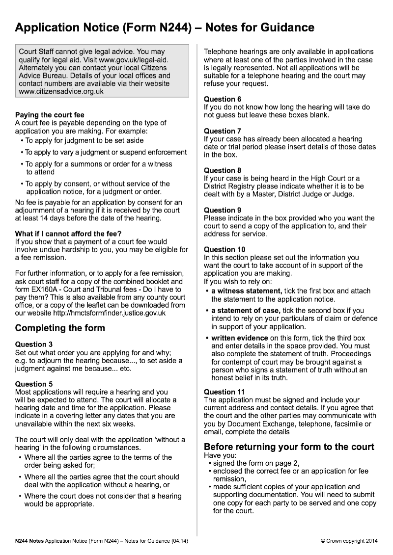 legal form n244 Application for Notice (Form Guidance Notes Notes   N244 N244)