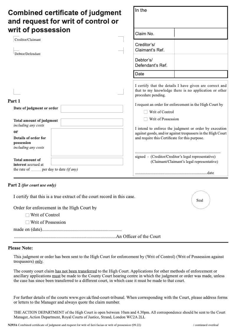 N293a Combined certificate of judgment and request for writ of fieri facias or writ of possession preview