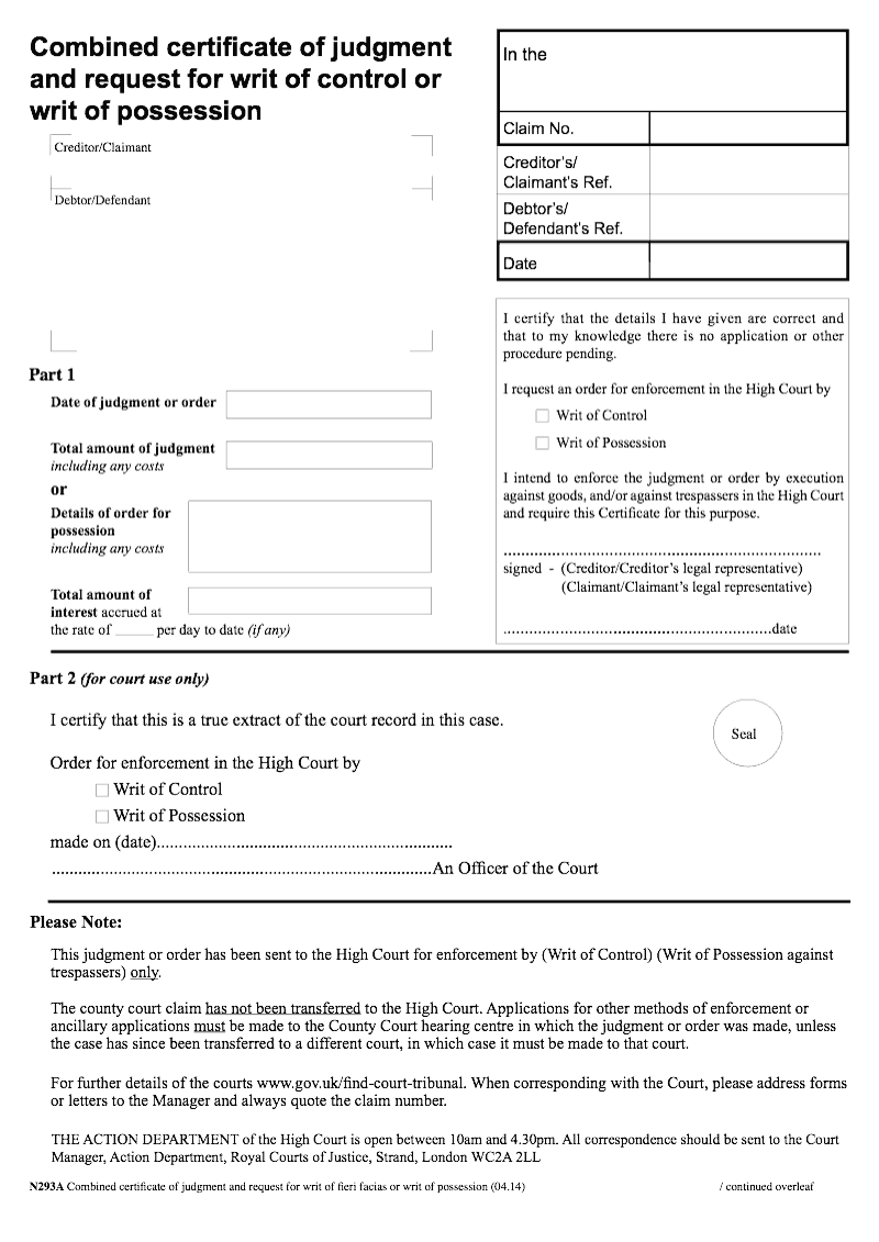 N293a Combined certificate of judgment and request for writ of fieri facias or writ of possession preview