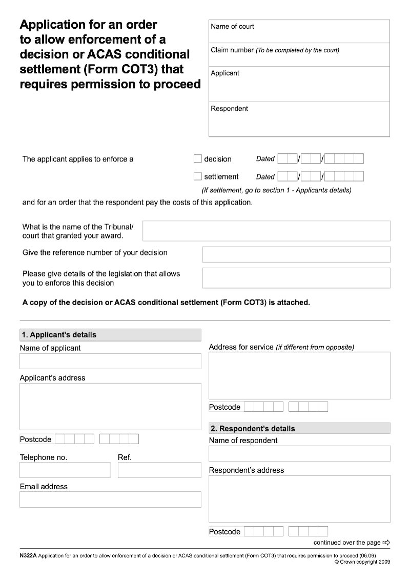 N322A Application for an order to allow enforcement of a decision or ACAS conditional settlement Form COT3 that requires permission to proceed preview