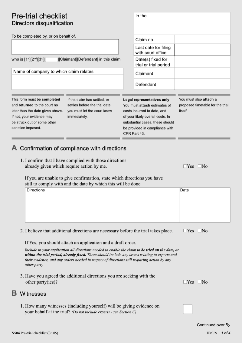 N504 Pre trial Checklist Directors disqualification preview