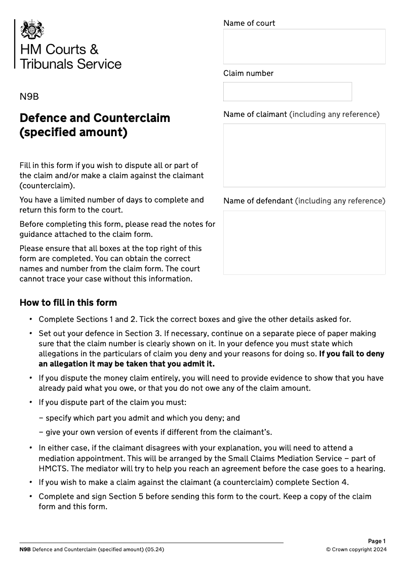 N9B Defence and counterclaim specified amount preview