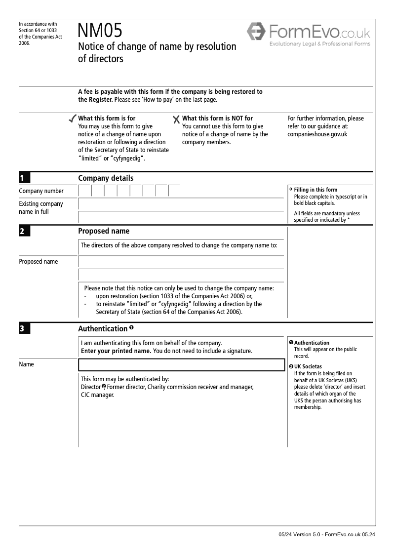 NM05 Notice of change of name by resolution of directors Section 64 preview