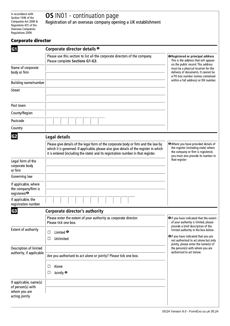 OS IN01 Continuation Page 4 Registration of an Overseas Company opening a UK establishment Corporate Director preview