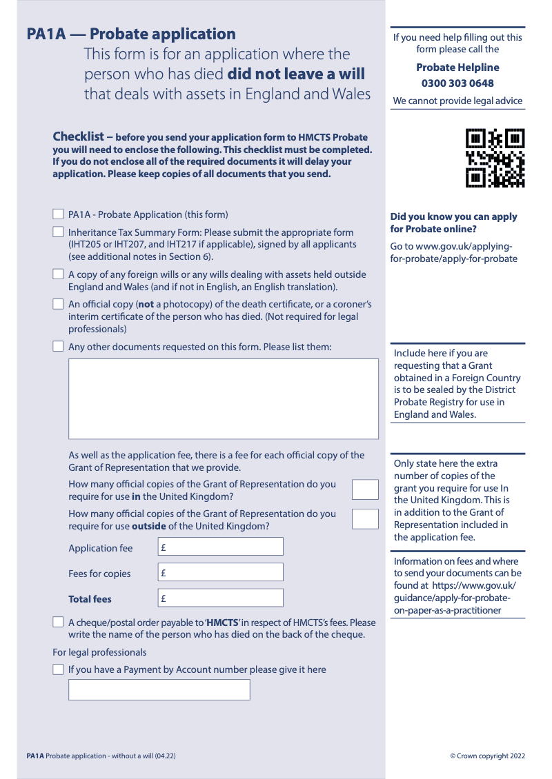 Pa1a Wf Probate Application Where The Person Who Has Died Did Not Leave A Will That Deals With 1290