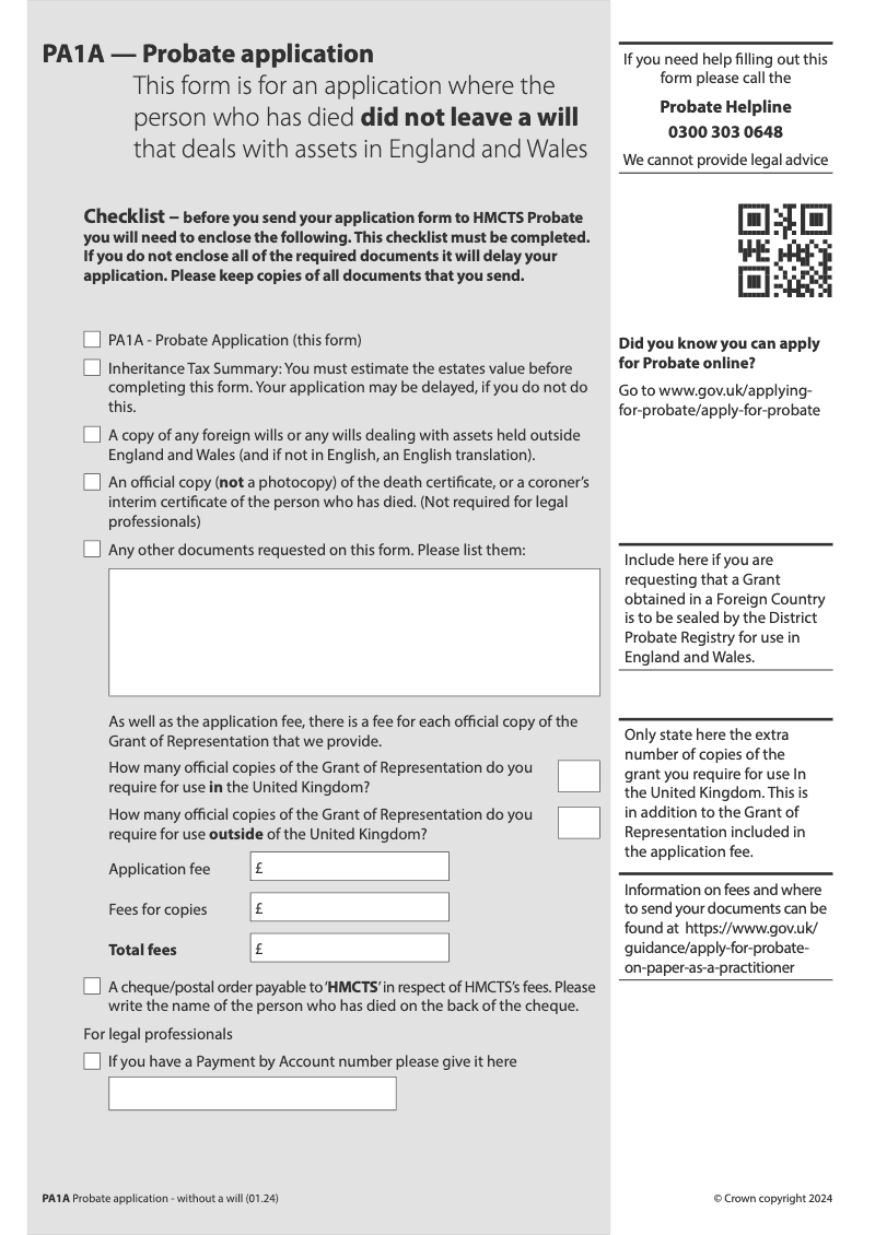 PA1A WF Probate Application Where the person who has died did not leave a will that deals with assets in England and Wales preview