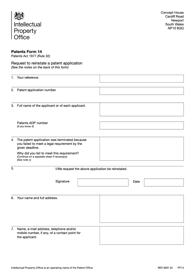 Patents Form 14 Request to reinstate a patent application (Patents Act ...