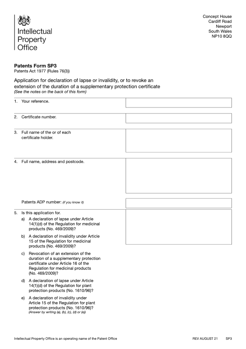 patents-form-sp3-application-for-declaration-of-lapse-or-invalidity-or