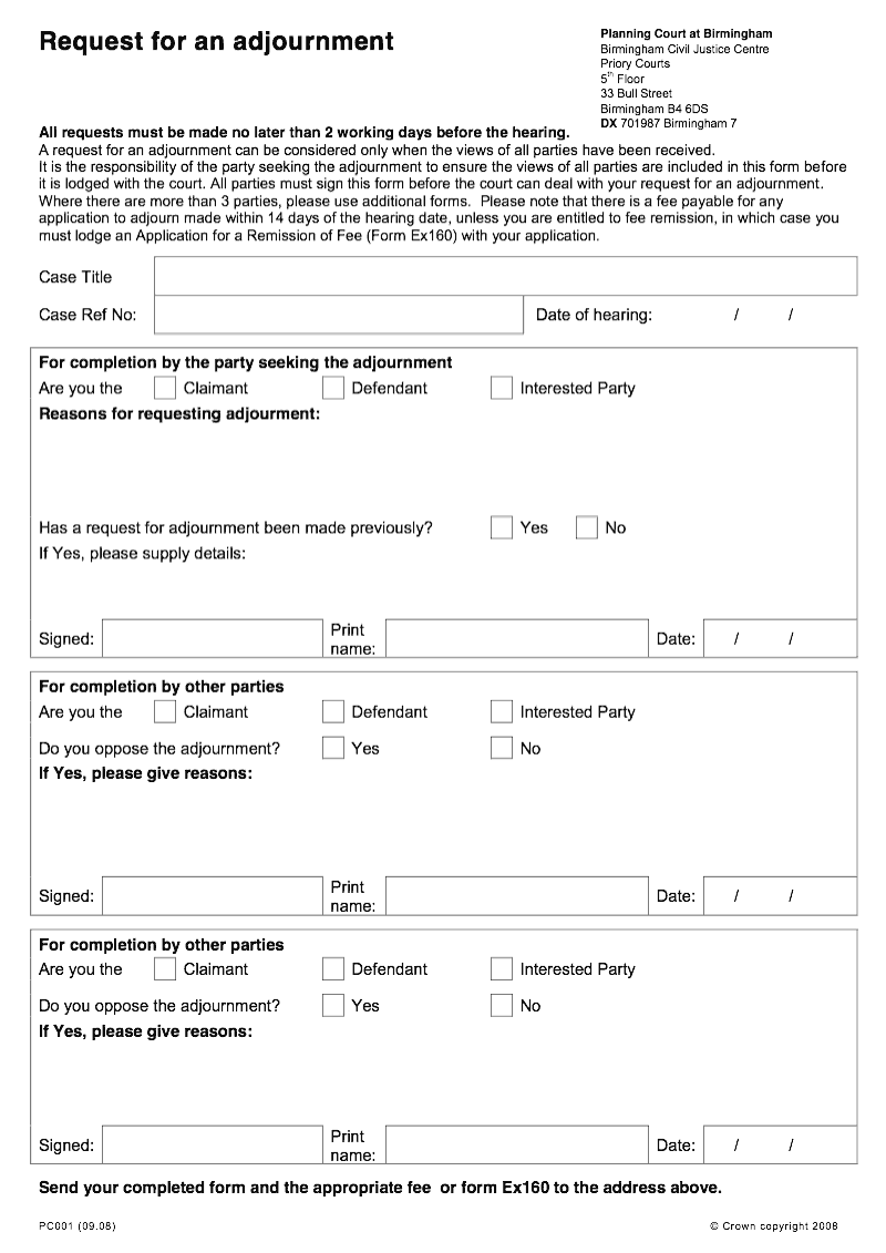 PC001 Birmingham Request for an adjournment Planning Court preview