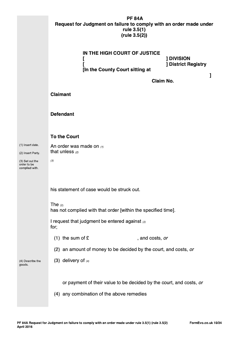 PF84A Request for judgment on failure to comply with an order made under rule 3 5 1 rule 3 5 2 preview