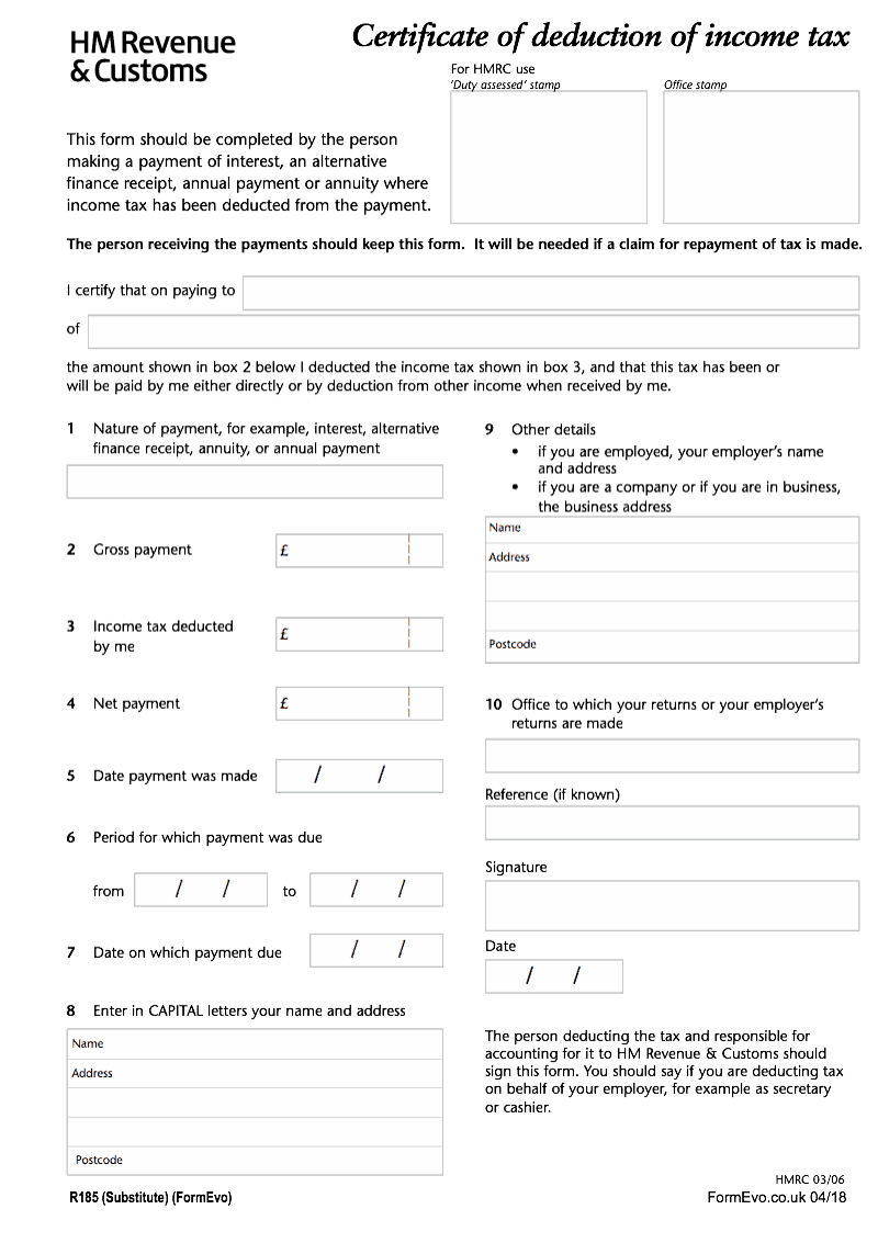 R185 Certificate Of Deduction Of Income Tax 8692