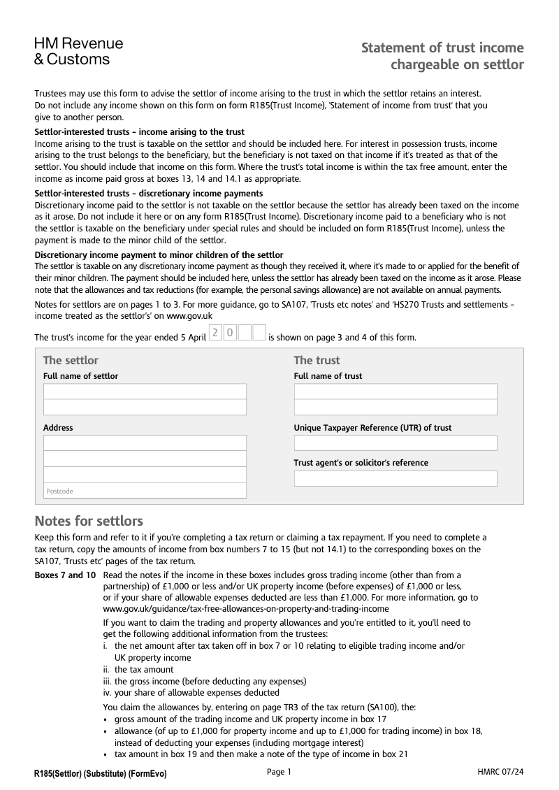R185 Settlor Statement of trust income chargeable on settlor preview