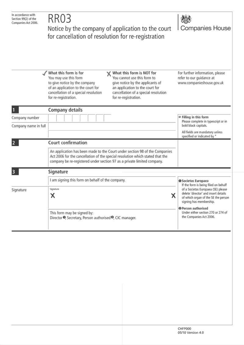 RR03 Notice by the company of application to the court for cancellation of resolution for re registration Section 99 2 preview