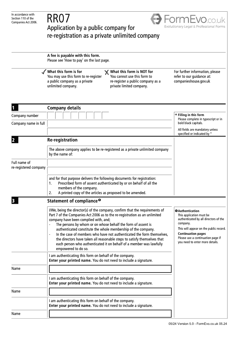 RR07 Application by a public company for re registration as a private unlimited company Section 110 preview