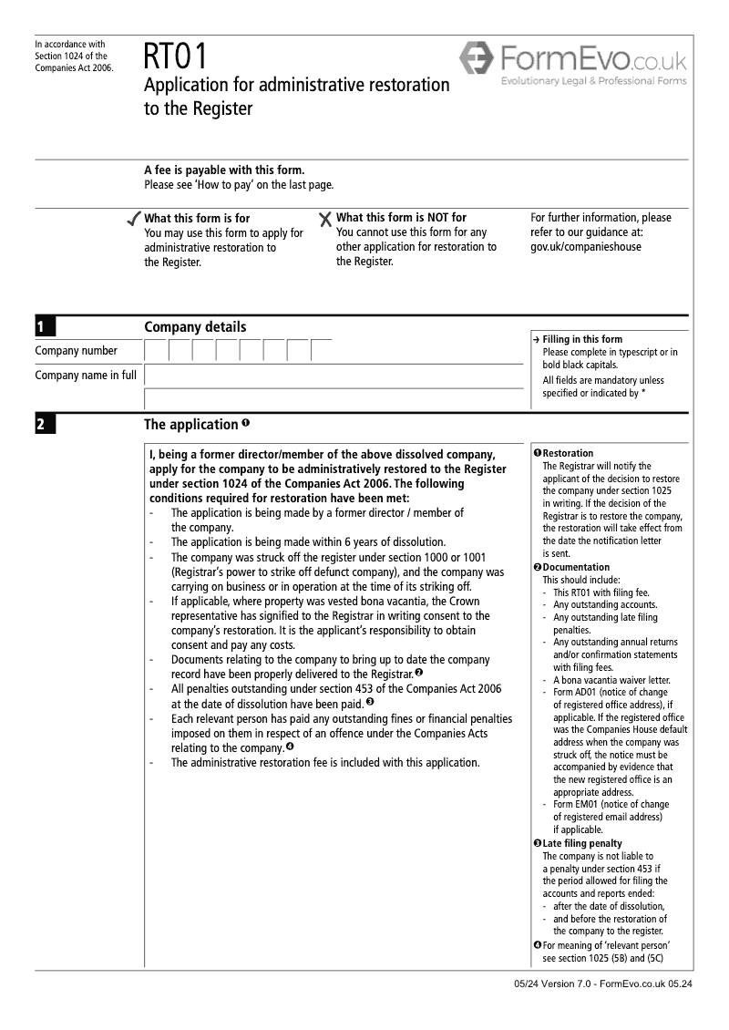 RT01 Application for administrative restoration to the Register Section 1024 preview