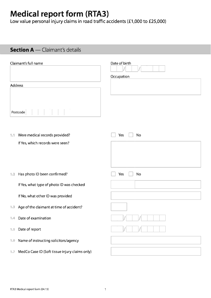 RTA3 Medical report form RTA3 Low value personal injury claims in road traffic accidents preview