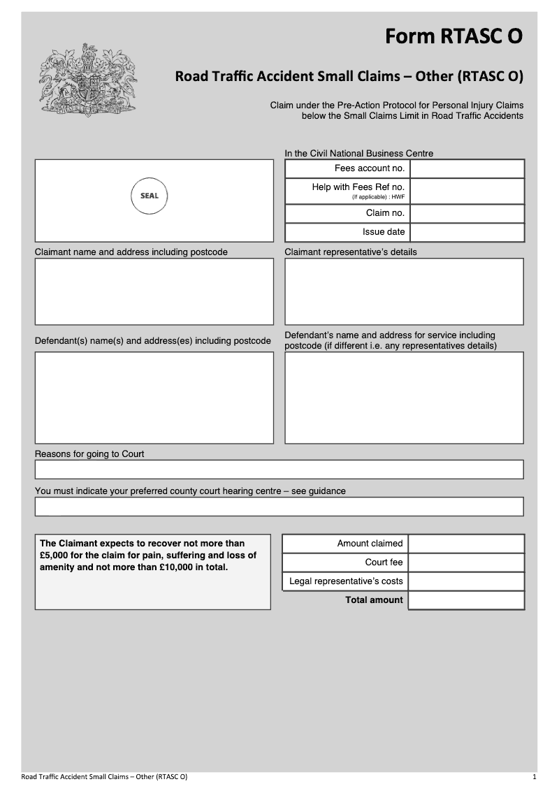 RTASC O Road Traffic Accident Small Claims Other RTASC O Claim under the Pre Action Protocol for Personal Injury Claims below the Small Claims Limit in Road Traffic Accidents preview