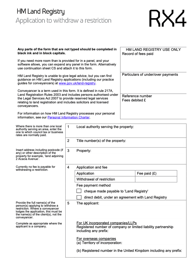 RX4 Application to withdraw a restriction