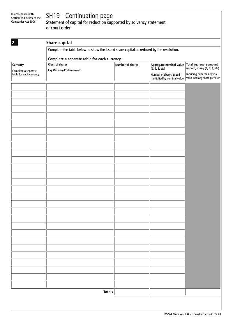 SH19 Section 644 Continuation Page 1 Statement of capital continuation page SH19 Statement of capital Section 644 649 preview