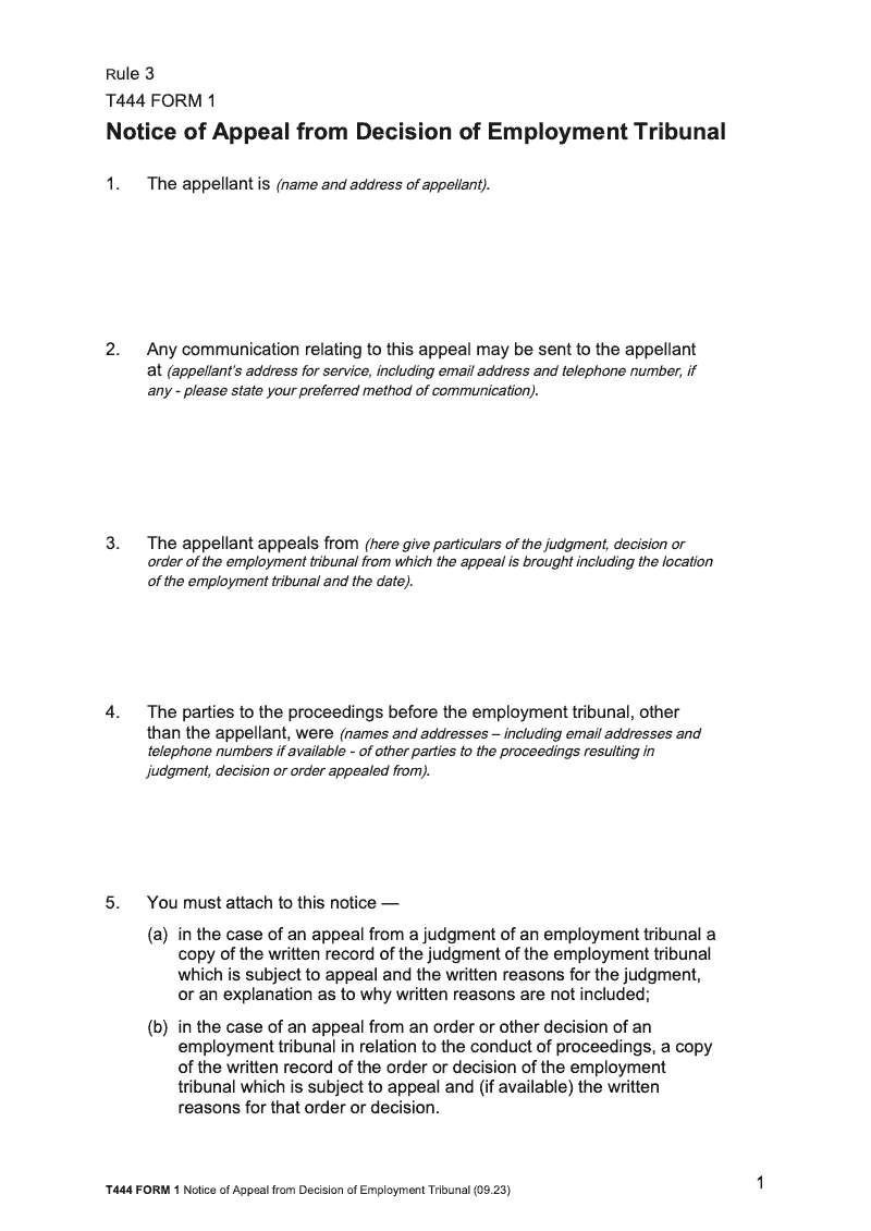 T444 Notice of appeal from decision of Employment Tribunal (Rule 3 Form 1)