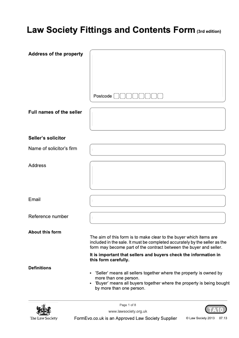 TA10 (TA10) Law Society Fittings and Contents Form (3rd edition ...